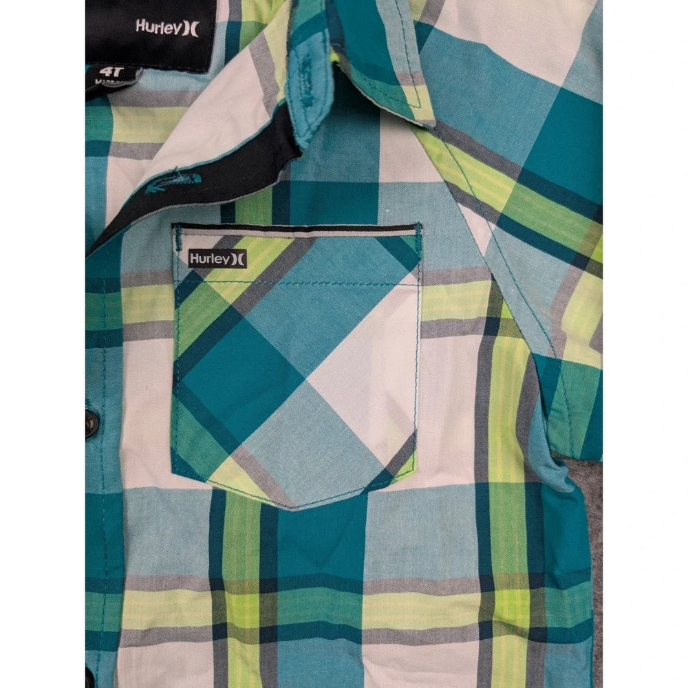 Hurley Kids Teal Green Plaid Long Sleeve Button Down Shirt‎ 4T NWT